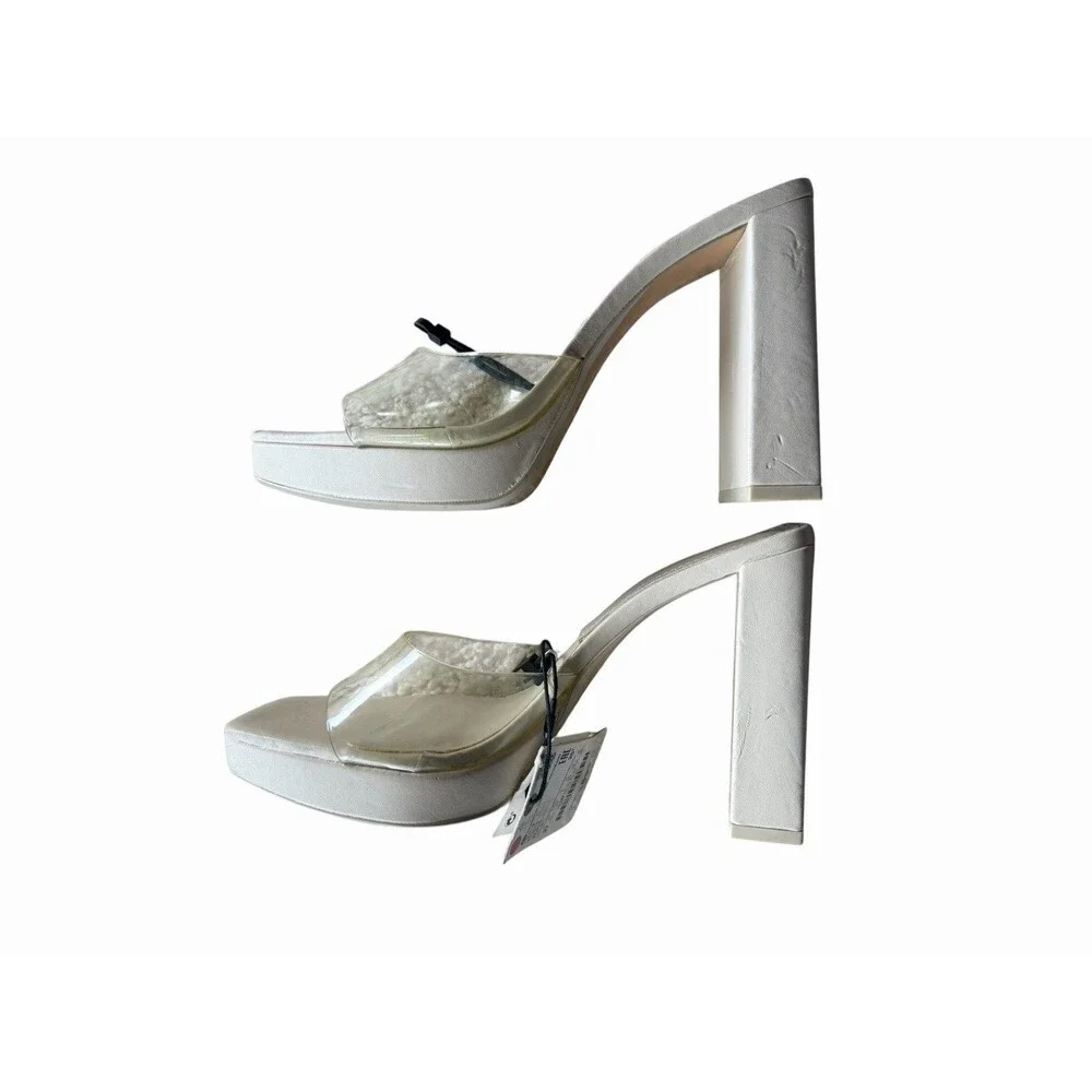 Zara Womens Square Toe Block Heels Size 37 6.5 Cream Wedding Bridesmaid Bridal